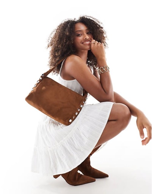 baguette studded bag in brown faux suede