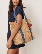 Jute straw shoulder bag denim strap and cherry charm in beige