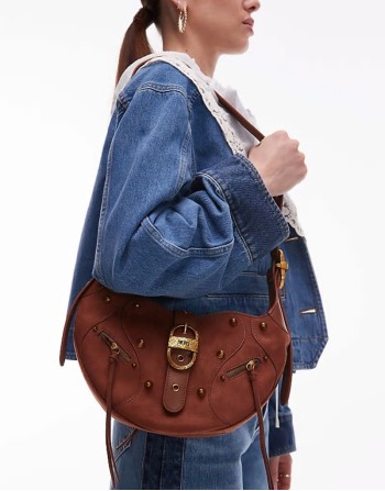 Tessa faux suede studded shoulder bag in brown