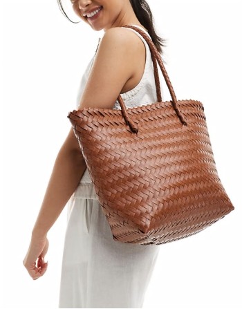 weave top handle shoulder bag in tan