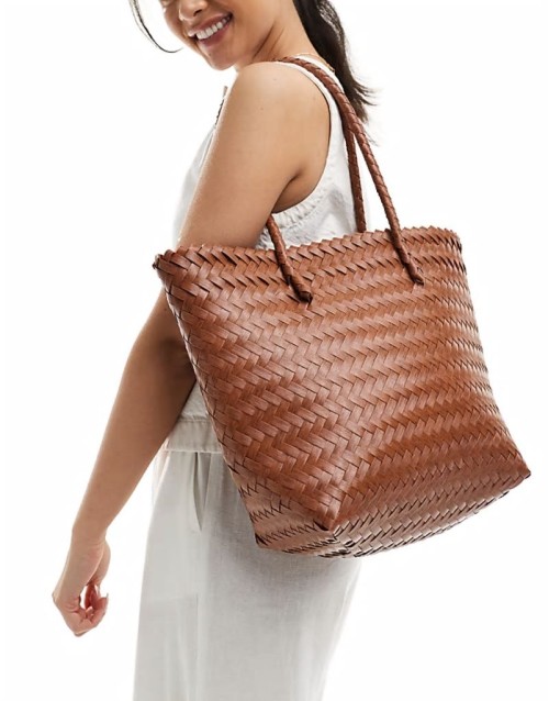 weave top handle shoulder bag in tan