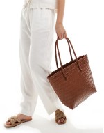 weave top handle shoulder bag in tan
